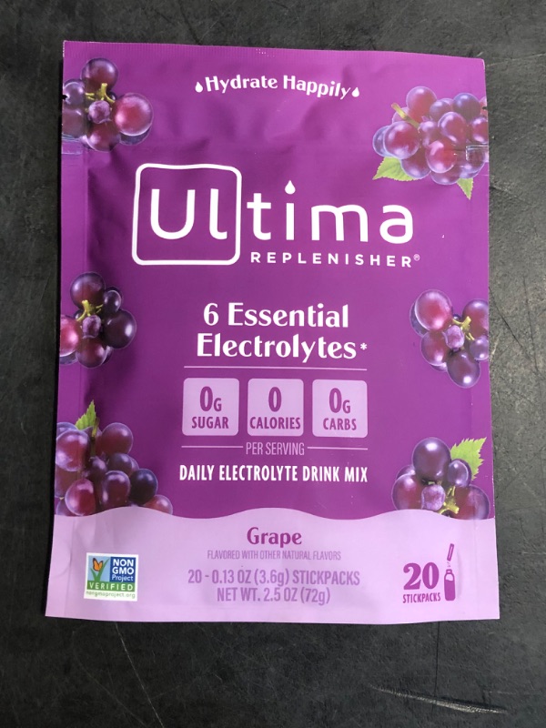 Photo 1 of Ultima Replenisher Daily Electrolyte Powder Drink Mix – Grape, 20 Stickpacks – Hydration Packets with 6 Key Electrolytes and Trace Minerals – Keto Friendly, Vegan, Non-GMO and Sugar-Free