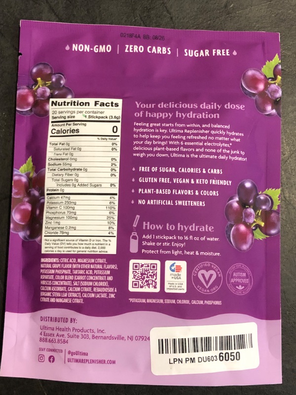 Photo 1 of Ultima Replenisher Daily Electrolyte Powder Drink Mix – Grape, 20 Stickpacks – Hydration Packets with 6 Key Electrolytes and Trace Minerals – Keto Friendly, Vegan, Non-GMO and Sugar-Free