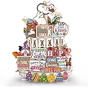 Photo 1 of 27 Pcs Easter Cute Bunny Eggs Tiered Tray Decor Colorful Bunny Wooden Centerpiece Signs Easter Wooden Sign Bunny Easter Egg Happy Easter for Home Farmhouse Rustic Decor