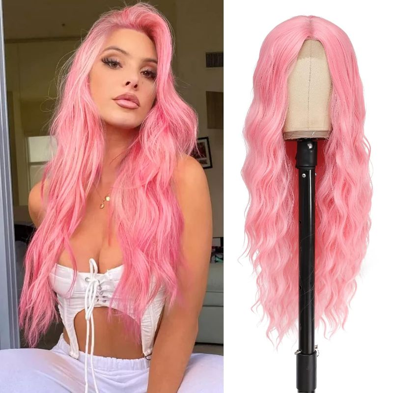 Photo 1 of Cosplay Long Pink Wig 28 Inch Middle Part Synthetic Wig Realistic Gifts Party Wigs for Women Daily Use Colorful Wigs (Pink)