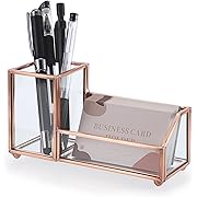 Photo 1 of Hipiwe Glass Business Card Holder Stand Metal Pen Pencil Storage Holder for Desk Clear Business Card Display Organizer Case for Office Home Desktop,Rose Gold