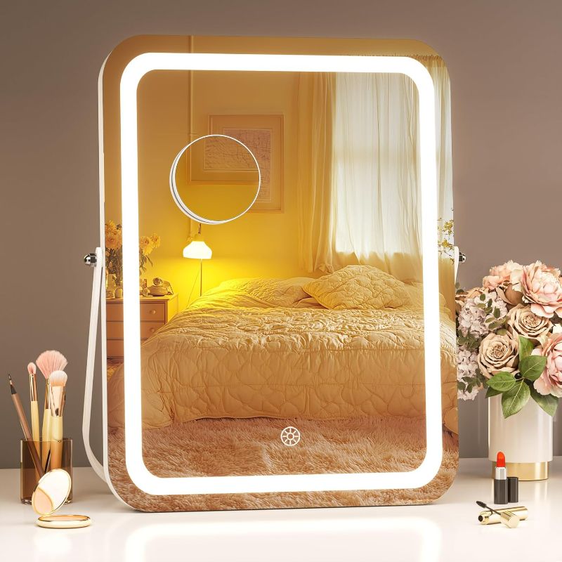 Photo 1 of Hasipu Vanity Mirror with Lights, 12" x 14" LED Makeup Mirror, 3 Modes Light, Smart Touch Control Dimmable, 360°Rotation, Rectangle White Frame, with 5X Magnifying Glass