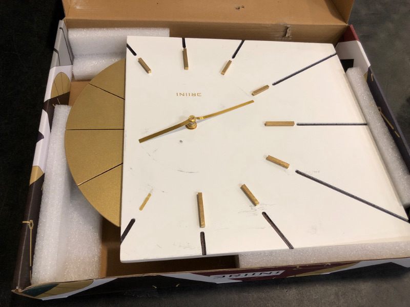 Photo 1 of Driini Clocks Mid Century Modern Wall Clock - Square White Clock with Decorative Gold Accent- Unique and Cool Clock, Battery Operated - MCM Decor & Decorative Wall Clock for Mid Century Modern Decor.