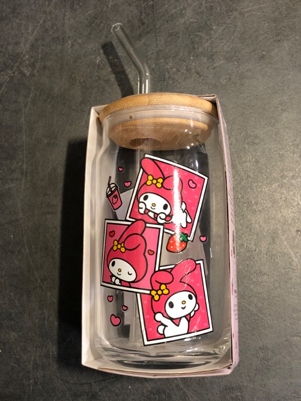 Photo 1 of Silver Buffalo Sanrio Hello Kitty and Friends My Melody Polaroids Glass Jar Tumbler with Bamboo Lid and Glass Straw, 16 Ounces