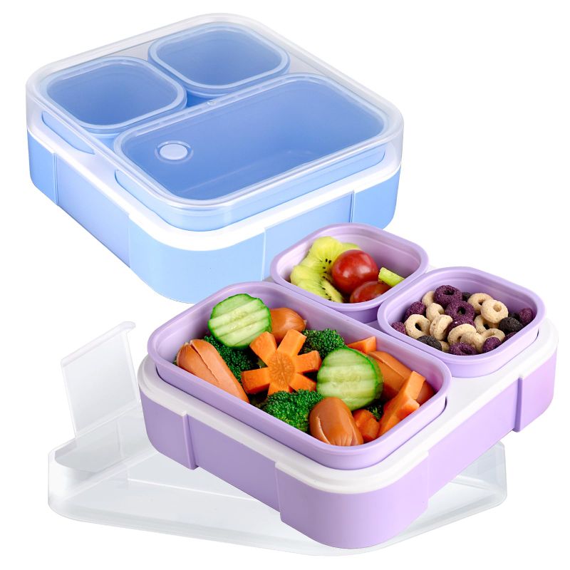 Photo 1 of Genteen Small Kids Snack Containers for School 3 Compartment Travel Snack Containers with Dividers Portion Control Lunch box for Kids with Leak-proof Lids BPA Free (Purple)