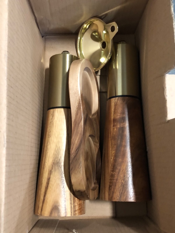 Photo 1 of Gold Salt and Pepper Grinder Mill Set With Wood Base, Free Gold Funnel,Stainless Steel Manual Salt Shaker and Pepper Mill,Adjustable Thickness,Suitable For Kitchen (Salt & Pepper Grinder)