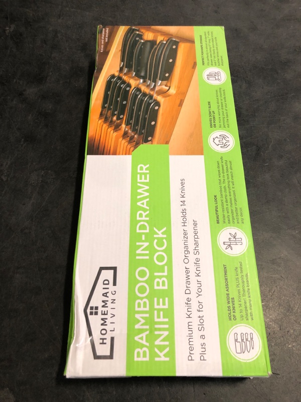 Photo 1 of Homemaid Living In Drawer Knife Block Bamboo, Holds 16 Knives + Knife Sharpener Slot, Knife Organizer for Kitchen Drawer, Knife Drawer Organizer, Drawer Insert, Drawer Knife Holder (2" tall, 17" deep)