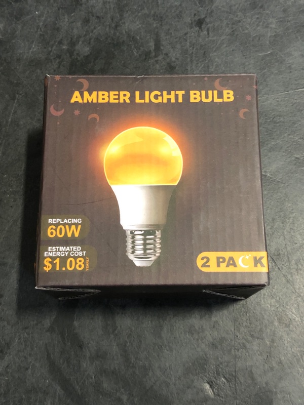 Photo 1 of DALUXshop Amber Sleep Light Bulbs, Blue Light Blocking, A19 9W(60 Watt Equivalent) Dim Light Bulbs for Lamp, 1800K Warm Light Bulb, E26 for Healthy Sleep, Bedroom, Kids Room, 2 Pack