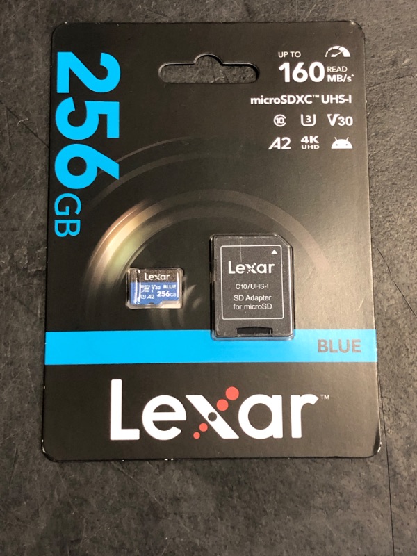 Photo 1 of Lexar 256GB Blue Micro SD Card Up to 160MB/s, microSDXC UHS-I Memory Card with SD Adapter, C10, U3, A2, V30, Full HD, 4K UHD, High Speed TF Card