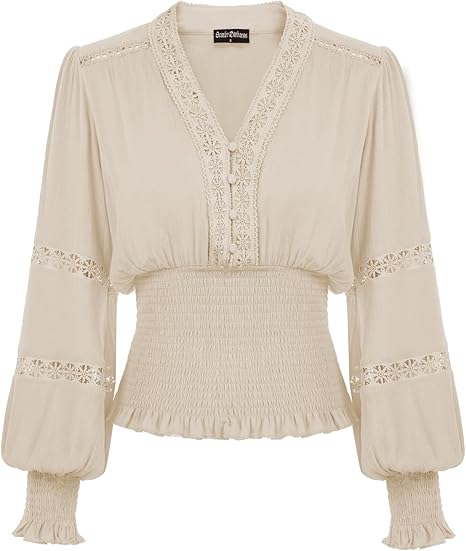 Photo 1 of (M) Scarlet Darkness Women's Renaissance Peasant Blouse V Neck Lantern Sleeve Lace Smocked Tops size m 