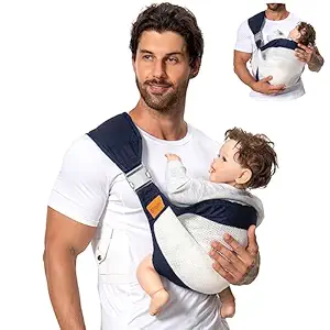 Photo 1 of Baby Sling Carrier, Baby Carrier Newborn to Toddler(7-45lbs), Toddler Carrier with Safety Buckle, One Shoulder Adjustable Shoulder Strap, One Size Fits All, Mesh dark Blue
