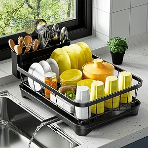 Photo 1 of Dish Drying Rack Single Layer with Utensil Holder, Adjustable Spout Auto-Draining Dish Rack for Kitchen Counter, Large Capacity for Plates, Bowls, Cups, Dish Drainer with Drainboard,Black