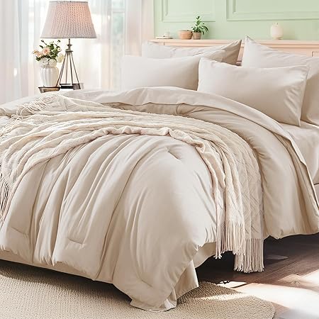 Photo 1 of Anluoer Beige Queen Comforter Set 7 Pieces, Bed in a Bag with Sheets, All Season Bedding Sets with 1 Comforter, 2 Pillow Shams, 2 Pillowcases, 1 Flat Sheet, 1 Fitted Sheet