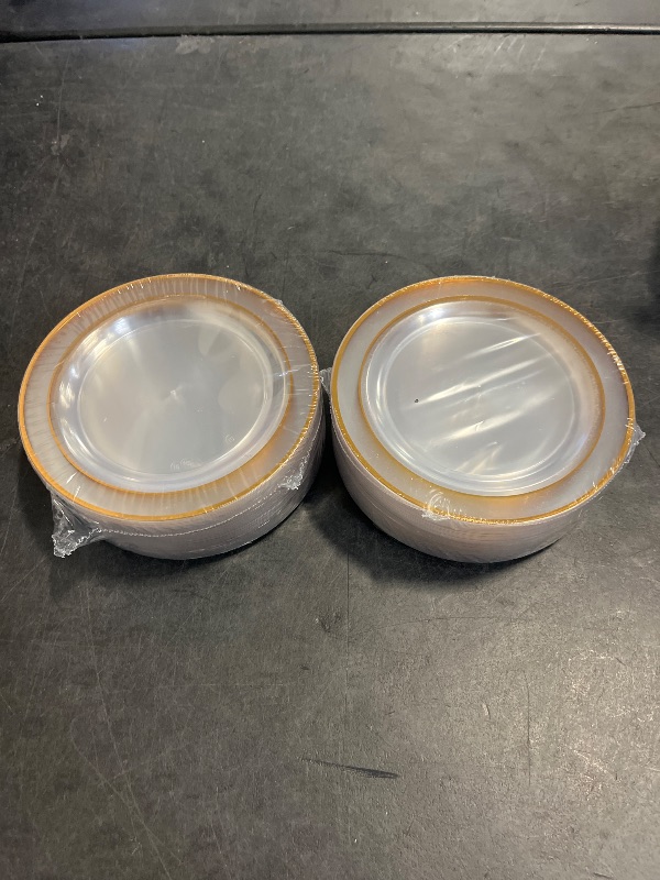 Photo 1 of bUCLA 100 Pieces Clear Gold Plastic Plates Disposable - 6.25 Inch Clear Plastic Dessert Plates with Gold Trim for Party&Wedding