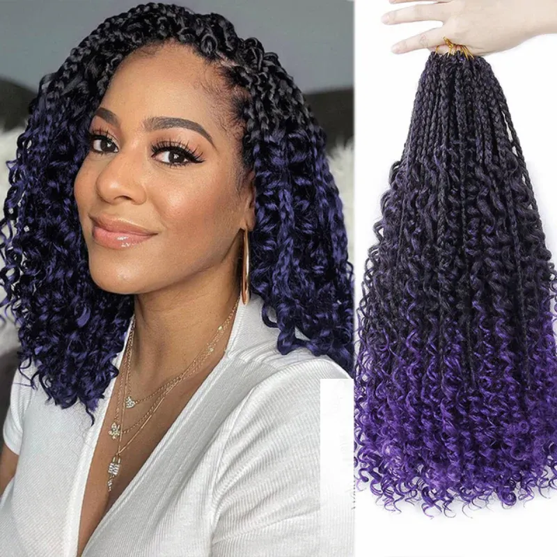 Photo 1 of Goddess Box Braids Crochet Hair 9 Packs Bohemian Crochet Braids with Curly Ends 18 Inch Boho Box Braid with Human Hair (18Inch, 1B) purple 
