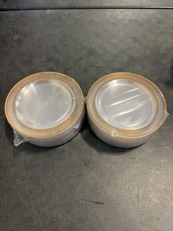 Photo 1 of bUCLA 100 Pieces Clear Gold Plastic Plates Disposable - 6.25 Inch Clear Plastic Dessert Plates with Gold Trim for Party&Wedding