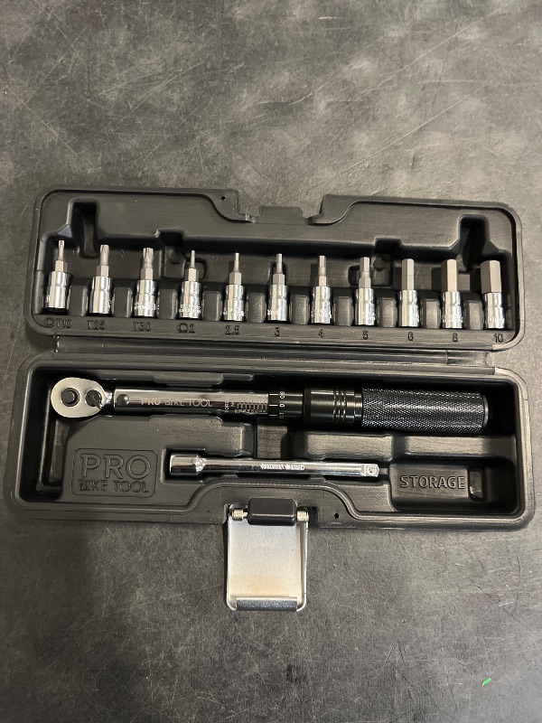 Photo 1 of PRO BIKE TOOL 1/4 Inch Drive Click Bicycle Torque Wrench Set – 2 to 20 Nm – Maintenance Kit for Road and Mountain Bikes - Includes Allen and Torx Screws, Extension Bar and Storage Box - ISO Certified