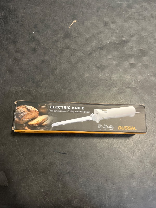 Photo 1 of DUSSAL Electric Knife, Electric Carving Knife, 4 Stainless Steel Blades, Safety Lock Switch, Blade Release Buttons, On/Off button, Carving Meats, Poultry, Bread, Cheese & More (White)