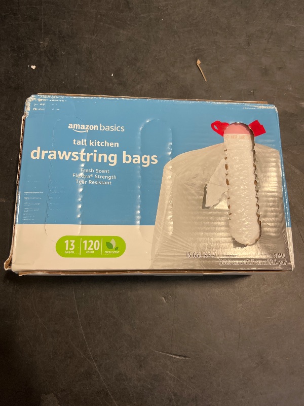 Photo 1 of Amazon Basics Flextra Tall Kitchen Drawstring Trash Bags, Fresh Scent, 13 Gallon, 120 Count