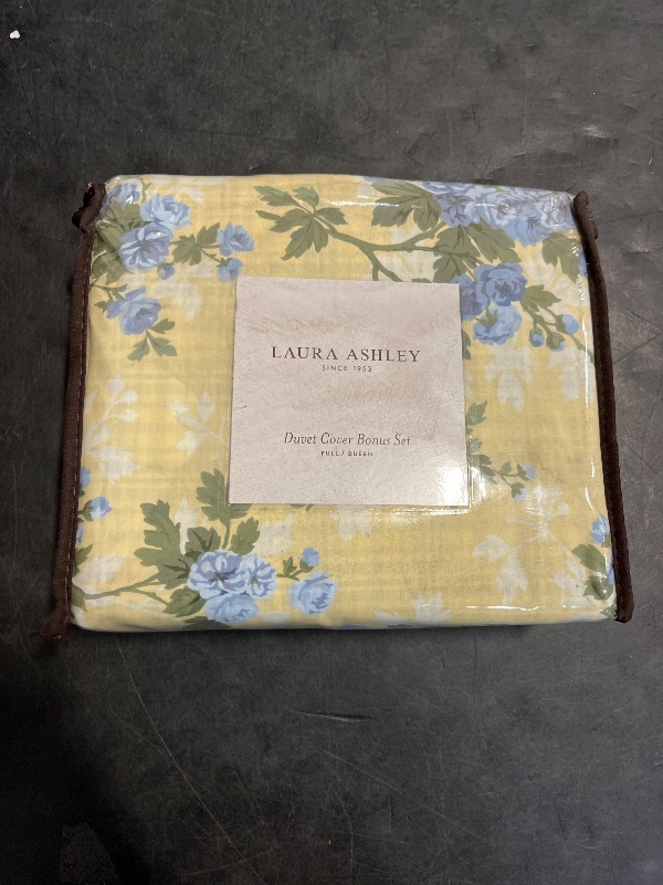 Photo 1 of Laura Ashley - Queen Duvet Cover Set, Reversible Cotton Bedding with Matching Shams, Includes Bonus Euro Shams & Throw Pillow Covers (Cassidy Yellow, Queen)