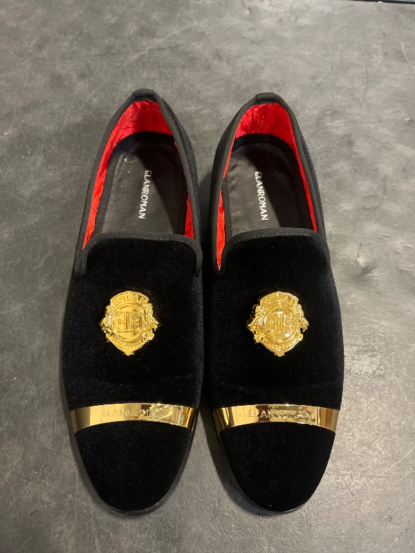 Photo 1 of Size 12 - ELANROMAN Black Loafers Men Velvet Dress Wedding Dance Prom Party Gold Buckle Penny Slippers Shoes US 12