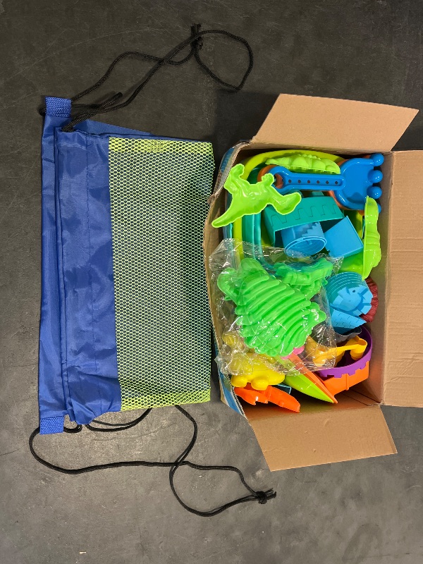 Photo 1 of Beach Toys, 34Pcs Dinosaur Sand Toys Set for Kids Toddlers, Sandbox Toys with 2 Collapsible Beach Bucket, Mesh Bag, Castle Sand Toys Kit, Sand Molds, Travel Collapsible Beach Toy for Kids Ages 3-12
