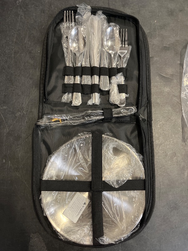 Photo 1 of KERMANDO Stainless Steel Outdoor Camping Mess Kits - Includes Forks, Spoons, Knives, Chopsticks, Food Clip, Plates - Portable Cutlery Bag