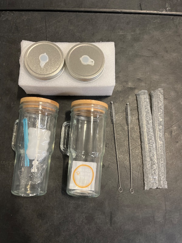 Photo 1 of GazeGlyd 2 Pcs Glass Cups with Lids and Straws, 20oz/600ml Ice Glass Coffee Cups with Lids, Reusable Wide Mouth Tumbler with Handle & Leakproof Metal Lid & Eco Bamboo Lid & Cleaning Kit