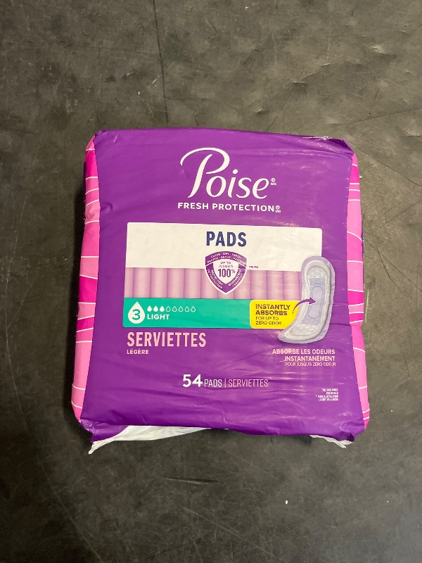 Photo 1 of Poise Incontinence & Postpartum Pads for Bladder Leaks, 3 Drop Light Absorbency, Regular Length, 54 Count, Packaging May Vary