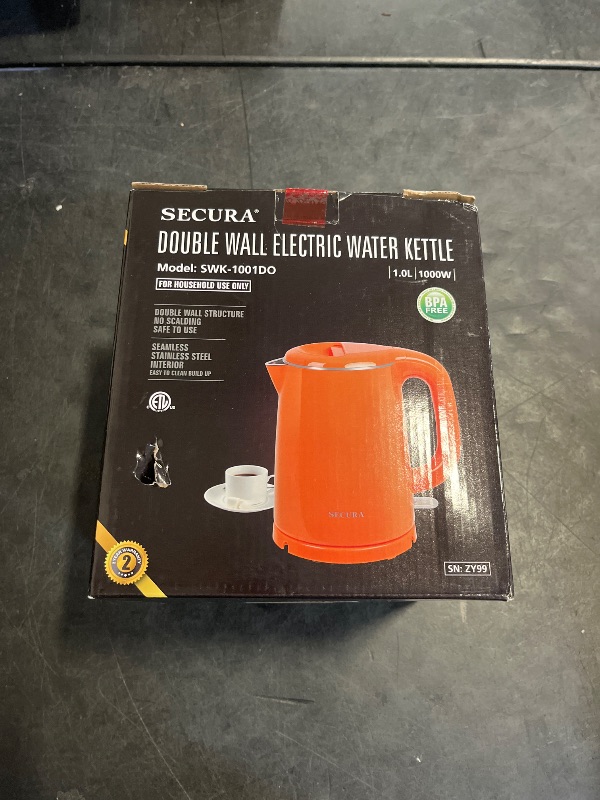 Photo 1 of Secura Stainless Steel Double Wall Electric Kettle Water Heater for Tea Coffee w/Auto Shut-Off and Boil-Dry Protection, 1.0L (Orange) SWK-1001DO/HB-K012
