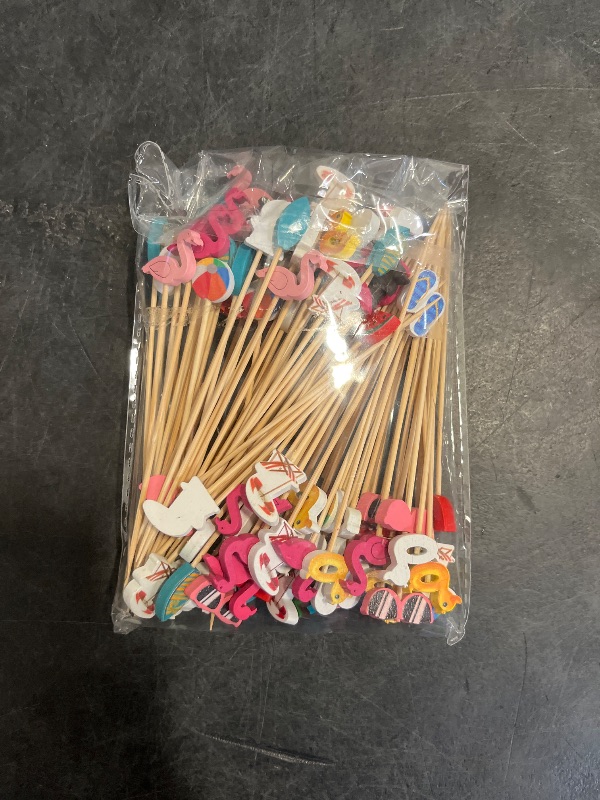 Photo 1 of Irenare Summer Pool Beach Cocktail Picks Assorted Picks Tropical Cocktail Bamboo Flamingo Backdrop Ball Slipper Handmade Toothpicks for Appetizers Food Drinks Luau Hawaii Beach Party(100 Pcs)