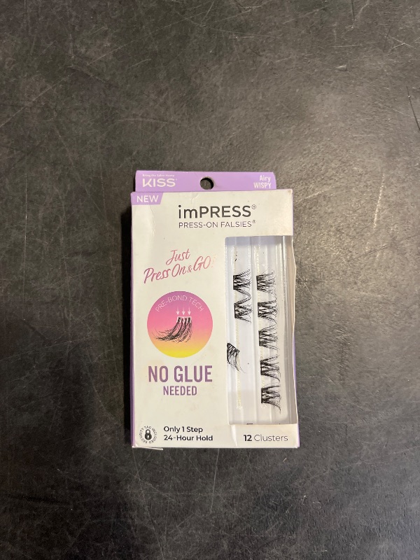 Photo 1 of KISS imPRESS Falsies Press On Self Adhesive Eyelashes, 12mm-14mm Natural Volume Press On Lashes, Black, No Glue Needed, Invisible Band, 12 Lash Clusters - Airy