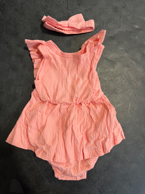 Photo 1 of (6-12M) MERSARIPHY Baby Girl Summer Clothes Ruffles Ribbed Knit Romper Dress Jumpsuit Bodysuit with Headband Cute Newborn Outfit Set(Pink,6-12 Months)