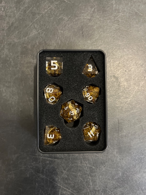 Photo 1 of ORIFANTOU Magic Golden Ring DND Dice Set Sharp Edge Red Resin Dice with Box, for use with RPG D&D Tabletop Games Lord D and D Polyhedral Dice Set