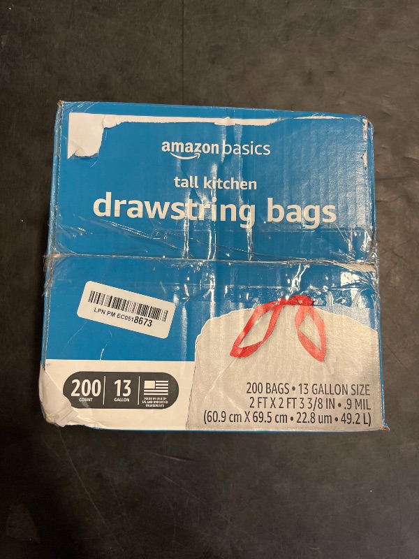 Photo 1 of Amazon Basics Trash Bags, Tall Kitchen Drawstring, Unscented, 13 Gallon, 200 Count, Pack of 1