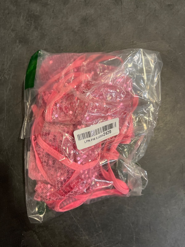 Photo 1 of (S) Women's Shiny Glitter Rave Outfits Mesh Sheer Halter Strappy Bra Top Micro Mini Skirt Arm Sleeves G-String Panties 4 Piece Music Festival Stage Clubwear 80s Costume Hot Pink Small