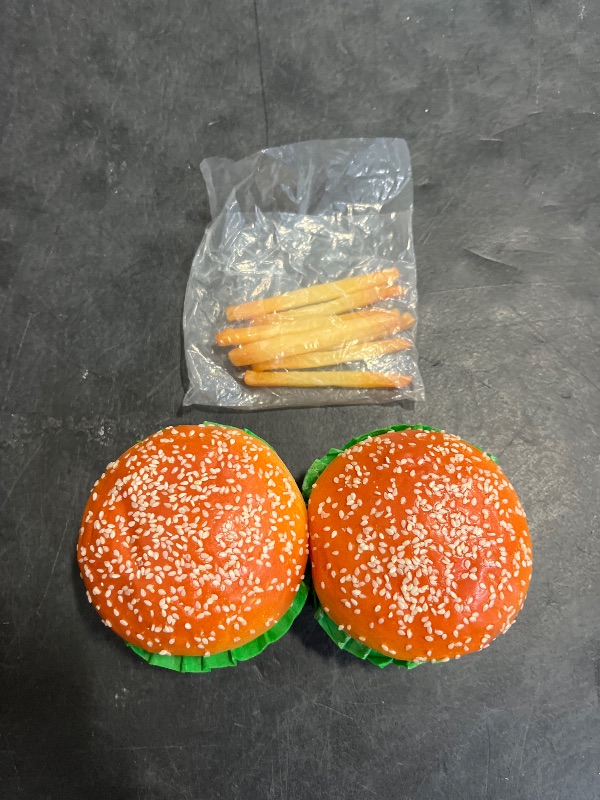 Photo 1 of Generic 2PCS Artificial Hamburger with gingili & 9pcs Artificial French Fries Realistic Fake Food for Display, Faux Burger for Decoration Fake Food Props Fake Food Bread Model, HC2409-HC01