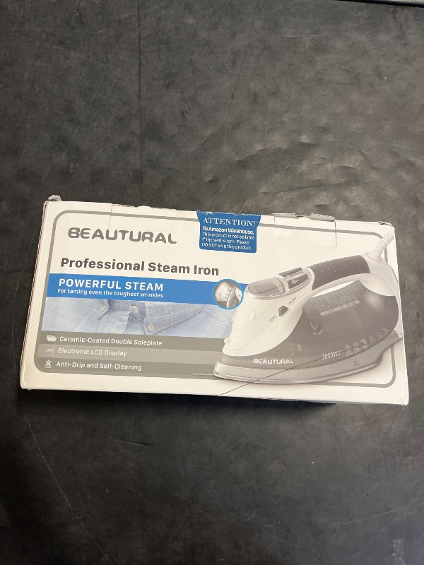 Photo 1 of BEAUTURAL 1800-Watt Steam Iron with Digital LCD Screen, Double-Layer and Ceramic Coated Soleplate, 3-Way Auto-Off, 9 Preset Temperature and Steam Settings for Variable Fabric Gray