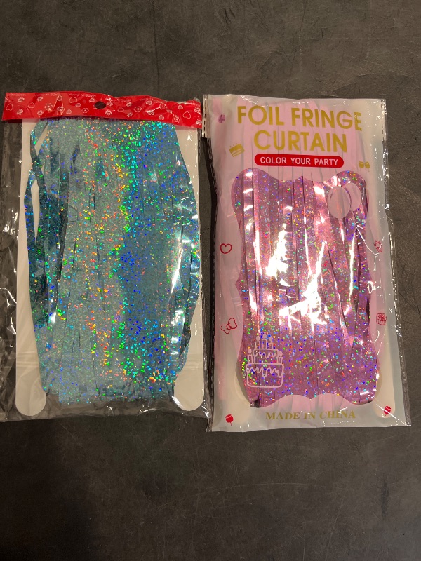Photo 1 of BRAVESHINE Pink Blue Tinsel Foil Fringe Curtains - 2Pcs 3.2x8.2ft Holidays Photo Streamers Backdrop for Easter Girl or Boy Birthdays Bridal Shower Party Supplies Decorations