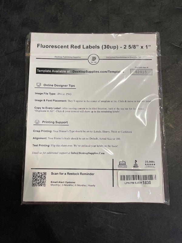 Photo 1 of Fluorescent Address Labels - 1" x 2-5/8" - 30 Per Sheet - Bright Neon Color Mailing Stickers for High Visibility - Inkjet/Laser (Red, 750 Labels)