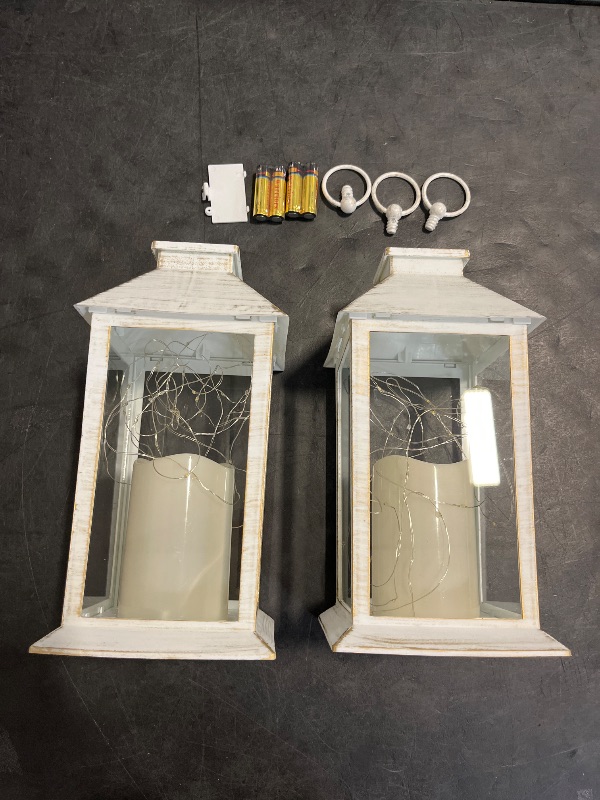 Photo 1 of 14" White Christmas Vintage Decorative Candle Lantern with 4 Hours Timer.30 LEDs String Light (Battery Included) Hanging for Indoor&Outdoor Set of 2
