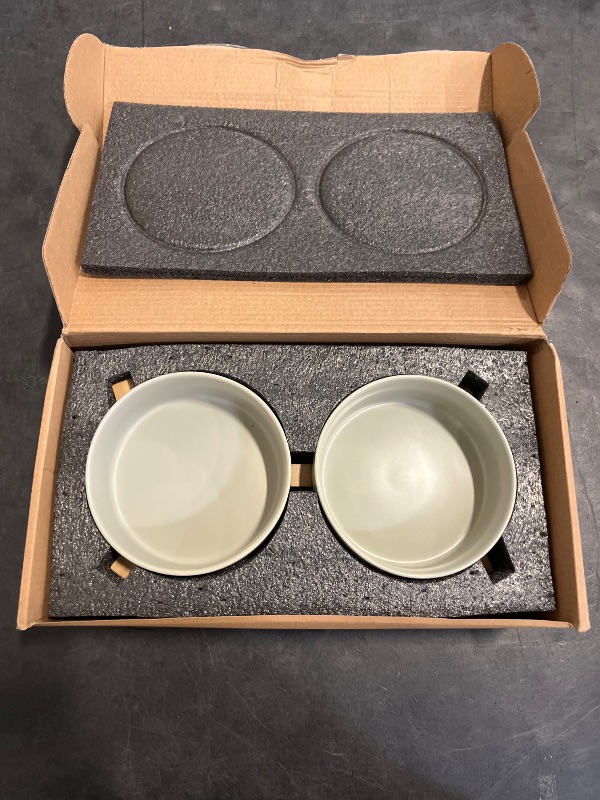 Photo 1 of SPUNKYJUNKY Ceramic Dog and Cat Bowl with Wood Stand Non-Slip Matte Glaze Weighted Food Water Set for Cats &Small Dogs 13.5OZ