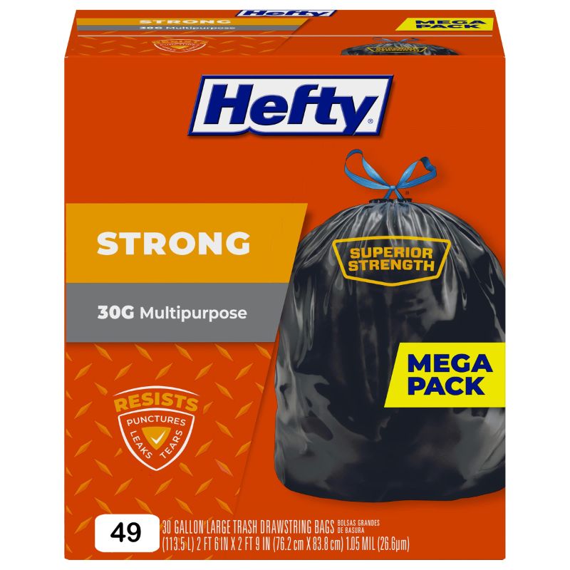 Photo 1 of Hefty Strong 30 Gallon Trash Bags, Large Trash Bags 30 Gallon Size, Durable Drawstring Enclosure, Resists Punctures, Leaks, and Tears, Black, Unscented, 49 Bags