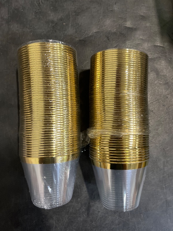Photo 1 of Tobvory 100 Pack Gold Rimmed Plastic Cups - 9 oz Hard Clear Disposable Cups For Cocktail And Drinking - Food Grade Party Set - Sturdy Tumbler - Gold Rim