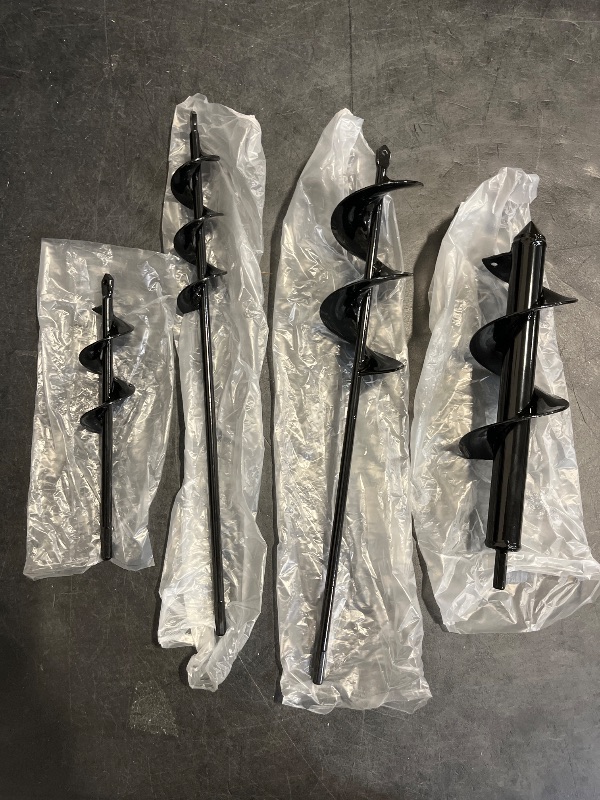 Photo 1 of TCBWFY 4 Pack Garden Auger Spiral Drill Bits - 1.6"x9", 1.6"x16.5", 3"x16.5", 3"x12" - Heavy Duty Steel - Corrosion Resistant - Perfect for Post Holes, Earth & Lawn Augering,Planting Bulbs&Trees