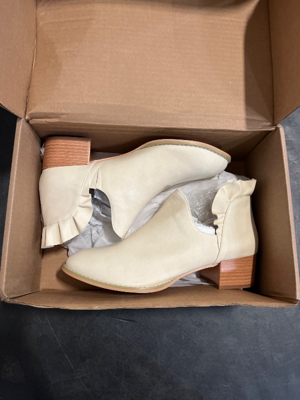 Photo 1 of size 9 1/2 FISACE Womens Ruffled Ankle Boots V Cut Out Pointed Toe Chunky Low Heel Dressy Western Booties Beige