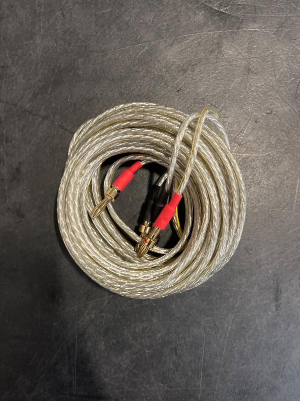 Photo 1 of Mygatti 16/2 Speaker Flat Wire Cable with Banana Tip Plugs 20 FT, CL3 Rated, 16 Gauge AWG Wire, Tinned OFC Copper, Transparent Jacket with Yellow Polarity Marker, for Indoor & Outdoor, Hi-Fi Sound