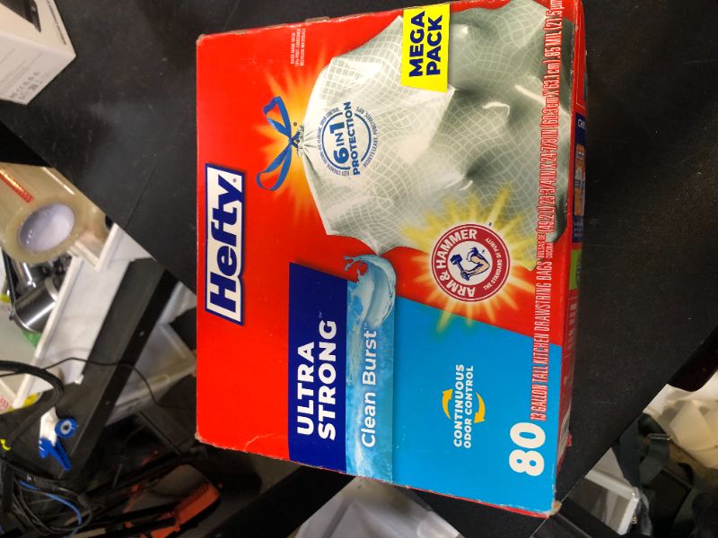 Photo 1 of Hefty Ultra Strong 13 Gallon Trash Bags, Tall Kitchen Trash Bags 13 Gallon Size, Drawstring Closure, Continuous Odor Control, White, Clean Burst Scent, 80 Bags