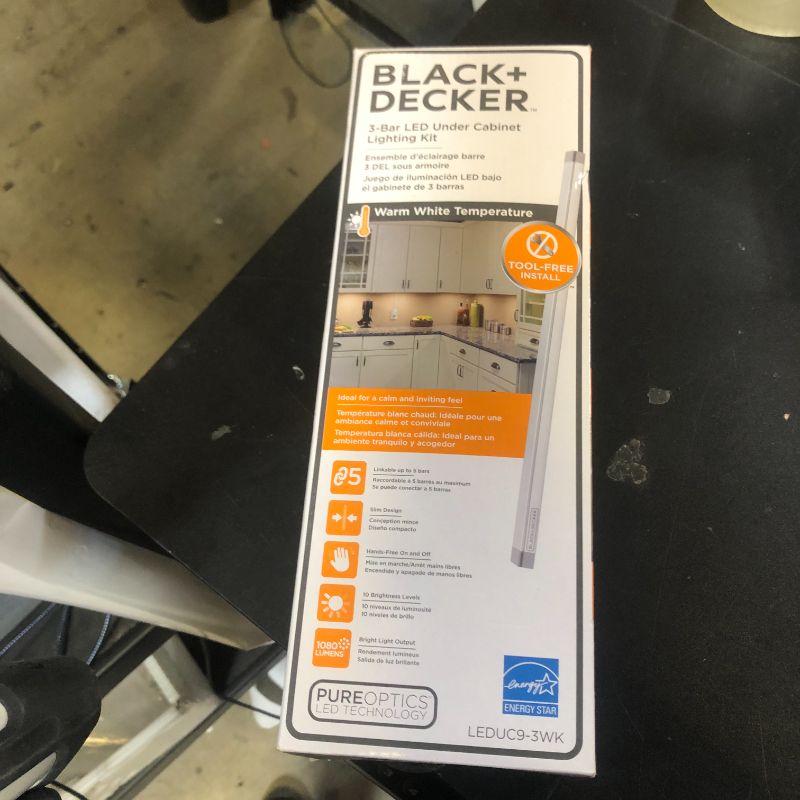 Photo 1 of BLACK+DECKER LED Under Cabinet Lighting Kit, 3-Bars, 9 Inches Each, DIY Tool-Free Installation, Warm White, 2700K, 1080 Lumens, 15 Watts, Home Accent (LEDUC9-3WK)