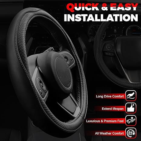 Photo 1 of Ouzorp Car Steering Wheel Cover, Microfiber Leather Steering Wheel Covers with Anti-Slip Lining, Universal 14.5-15 inchs Black